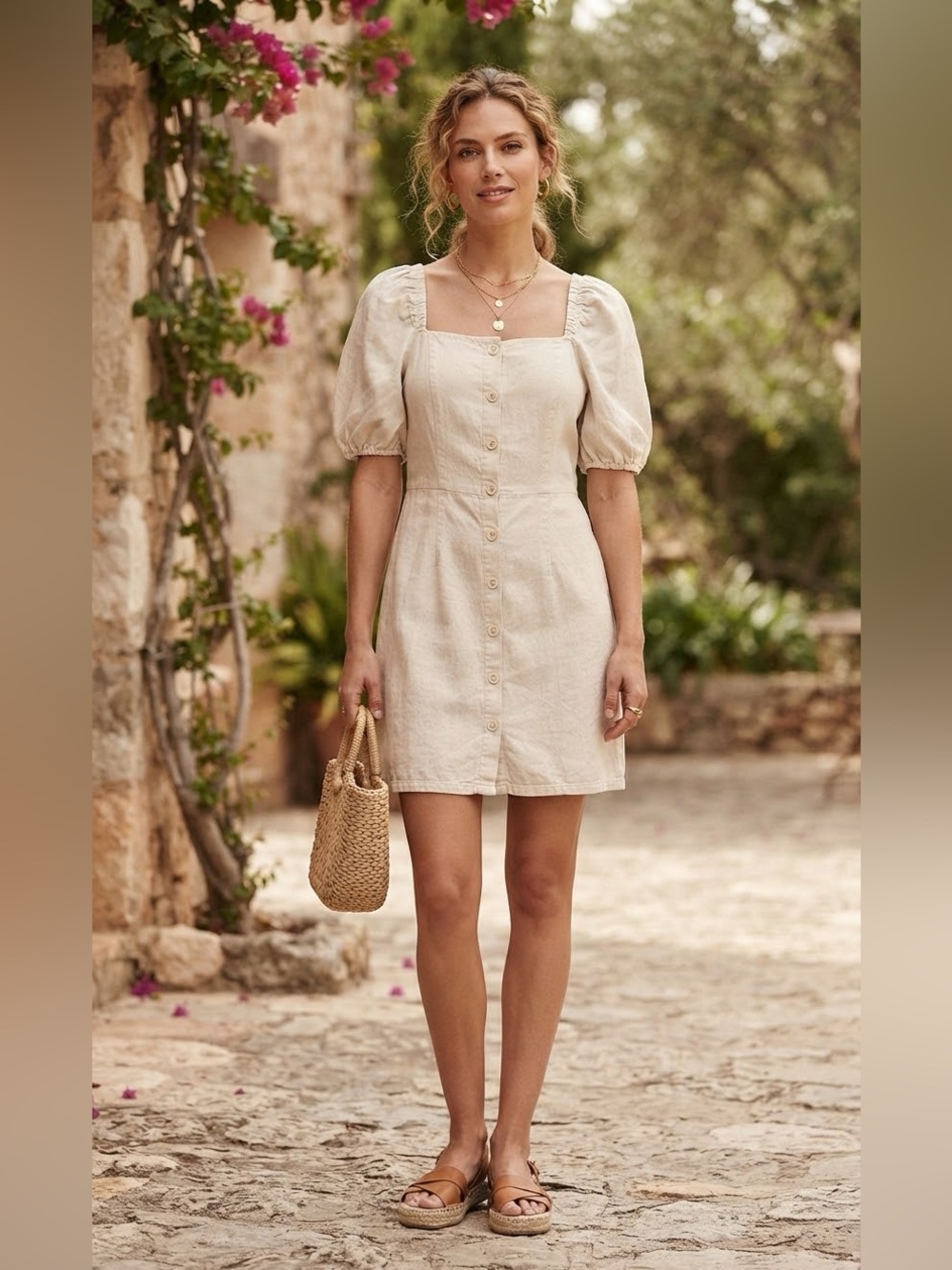 Rachel Parcell Linen Blend Square Neck Puff Sleeve Button Front Mini Dress Cream